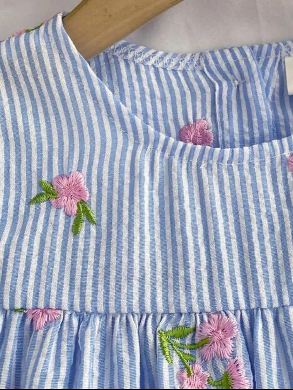 Toddler Blue White Seersucker Embroidered Pink Flowers Lace Ruffle Sleeve Dress